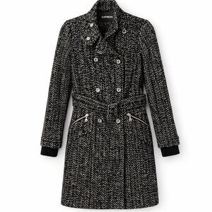 EXPRESS NWOT Wool-Blend Herringbone Belted Trench Coat Jacket Black White Tweed